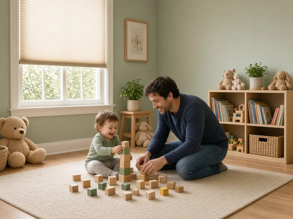 A dad plays with building blocks on the floor with his toddler beside a window fitted with a cordless beige cellular shade