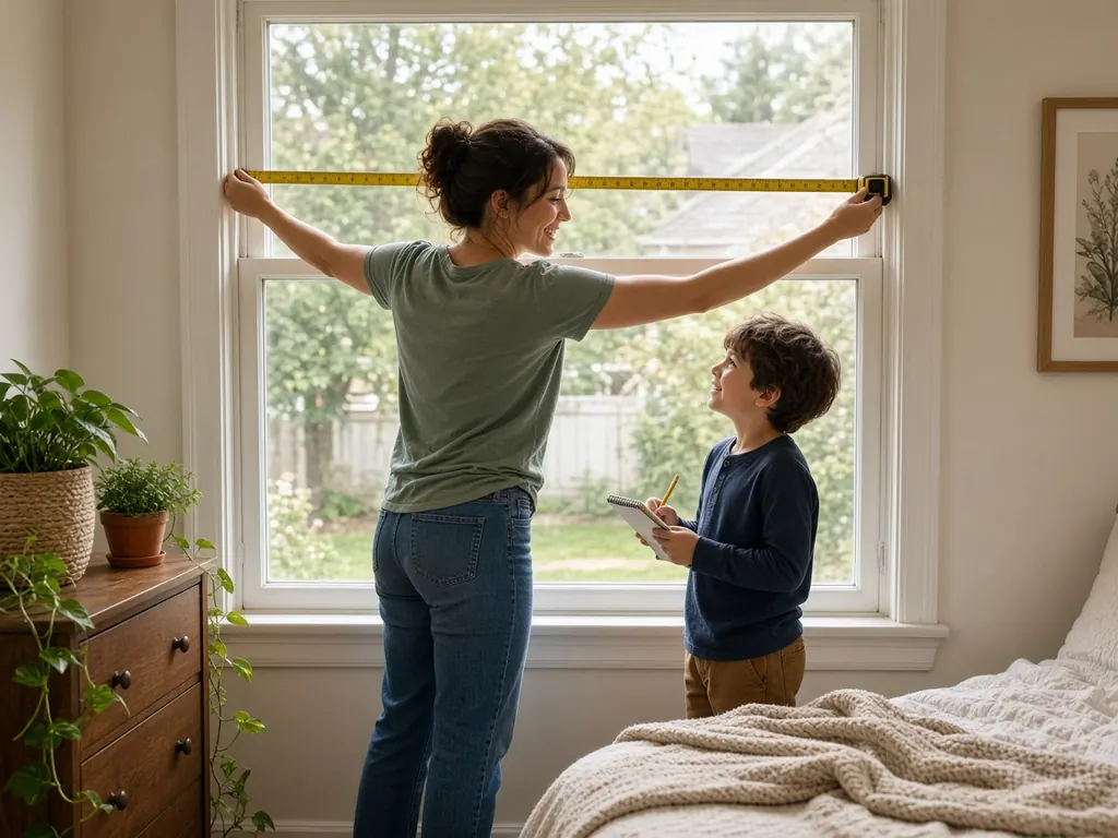 A woman measures the top of a window frame with a steel tape measure while her son writes the numbers on a notepad
